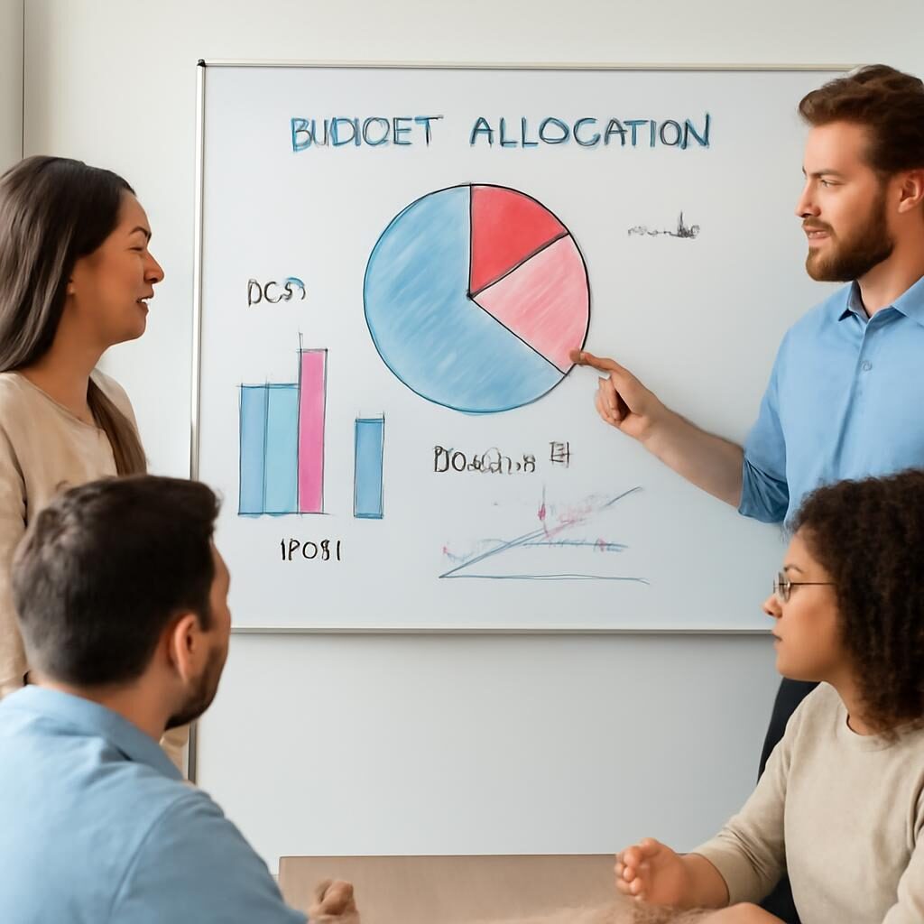 Équipe marketing discutant de la répartition budget Google Ads vs SEO sur tableau blanc