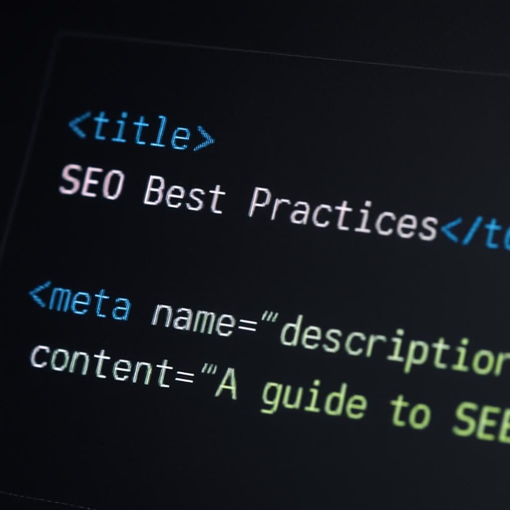 Code HTML avec balise title et meta description visibles en éditeur sombre
