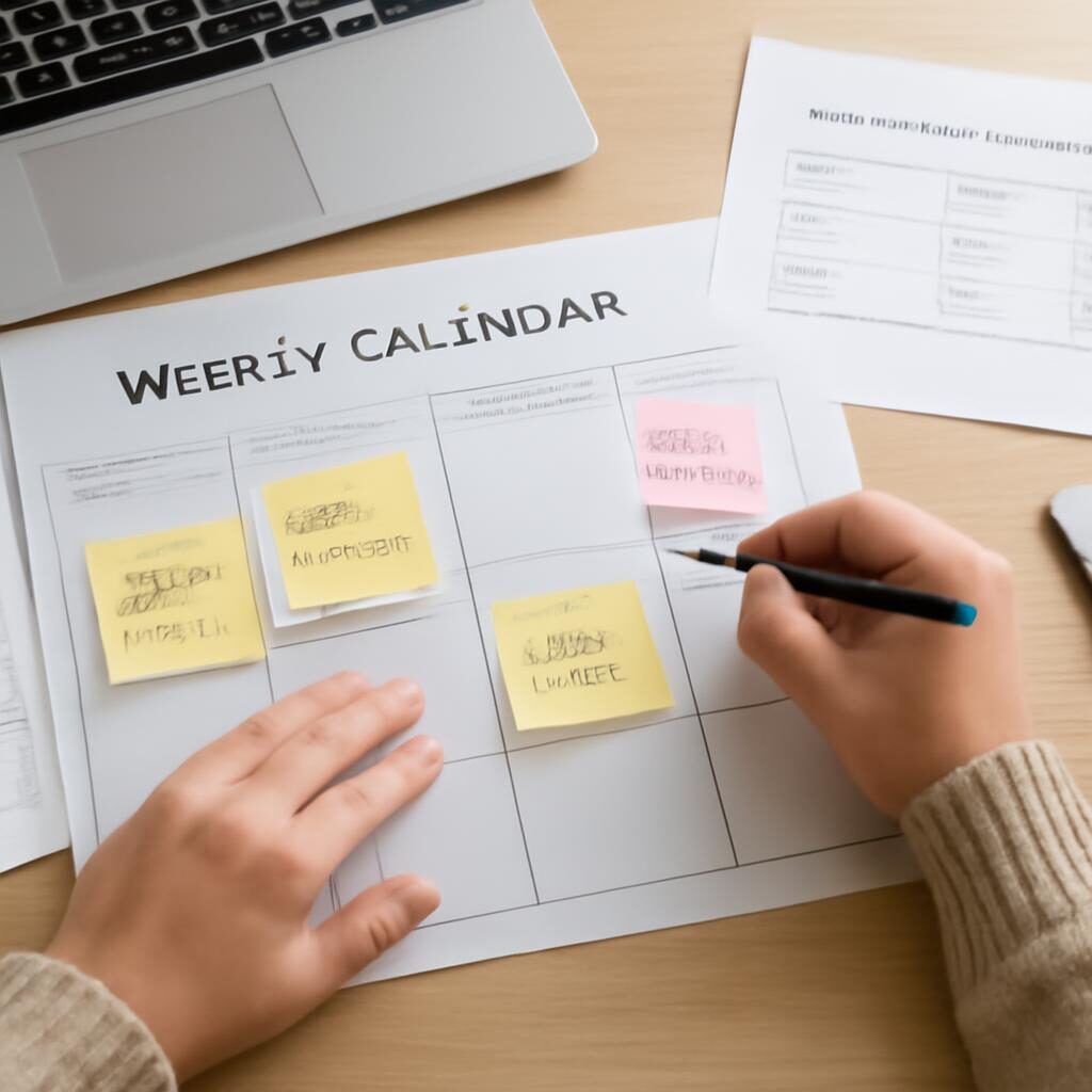 Blogueur planifiant un calendrier de contenu hebdomadaire avec recherche de mots-clés