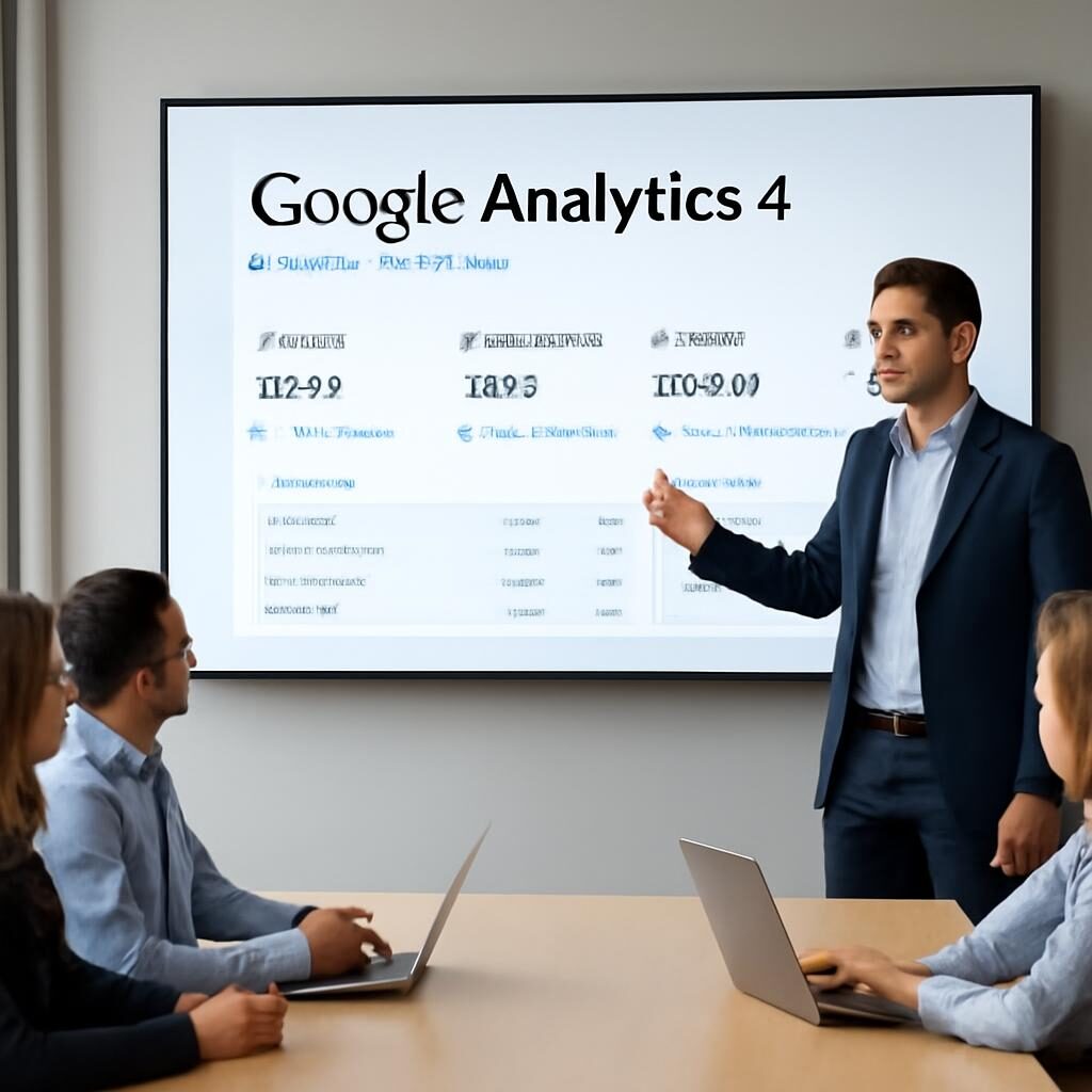 Présentation des insights SEO GA4 en réunion d'équipe marketing digital