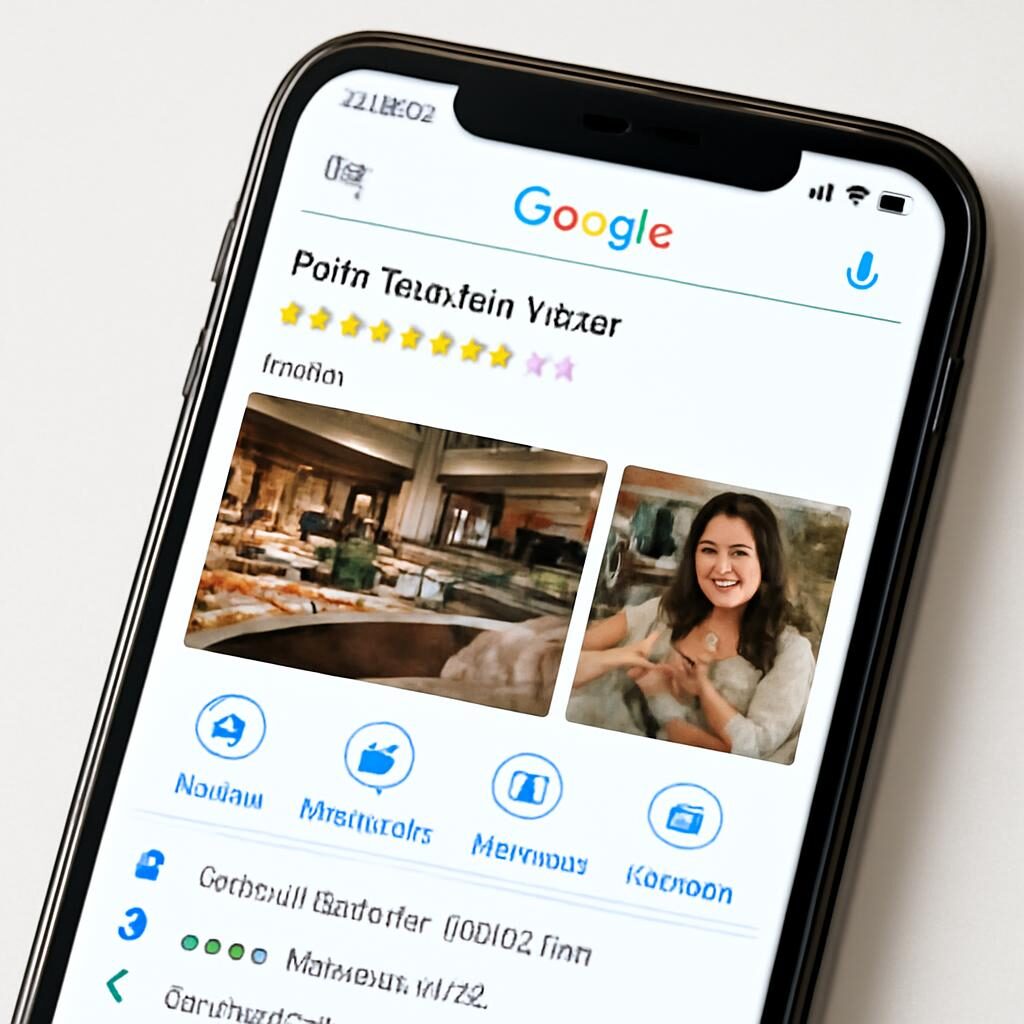 Fiche Google Maps d'un commerce local avec avis clients et photos sur smartphone