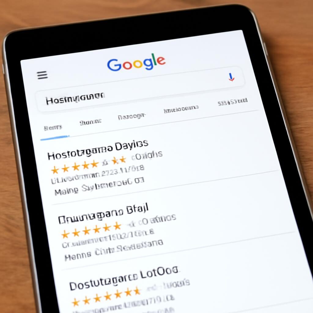 Local pack Google montrant 3 commerces locaux avec notes et horaires sur tablette
