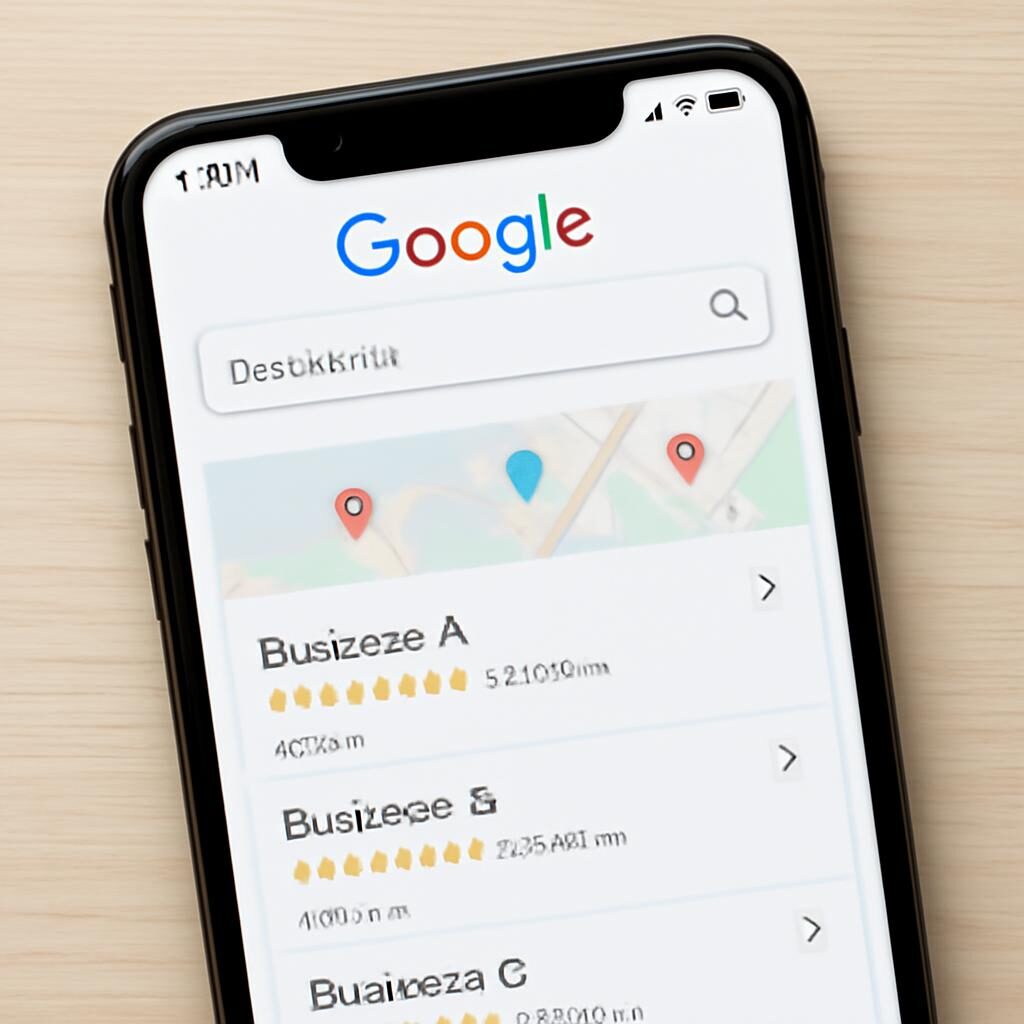 Local pack Google 3-Pack sur smartphone avec fiches établissements et avis étoilés
