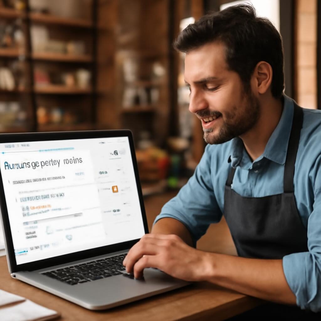 Gérant PME optimisant sa fiche Google Business Profile sur ordinateur portable