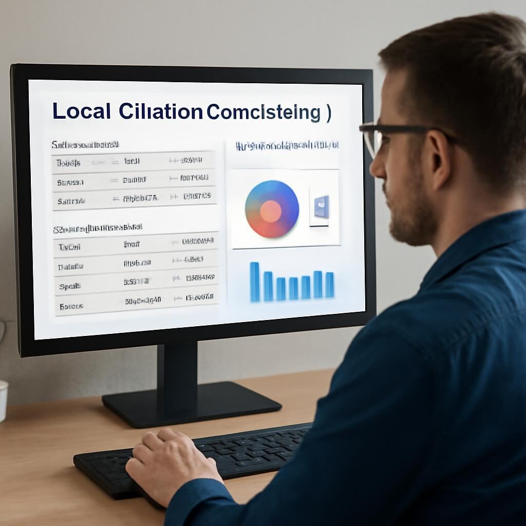 Analyste SEO vérifiant la cohérence NAP et les citations locales sur écran