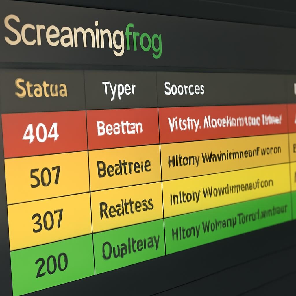 Interface Screaming Frog affichant erreurs 404 et chaînes de redirections