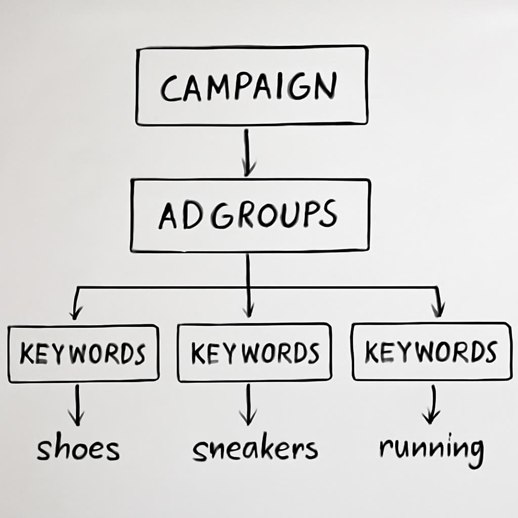 Schéma structure campagne Google Ads groupes annonces mots-clés