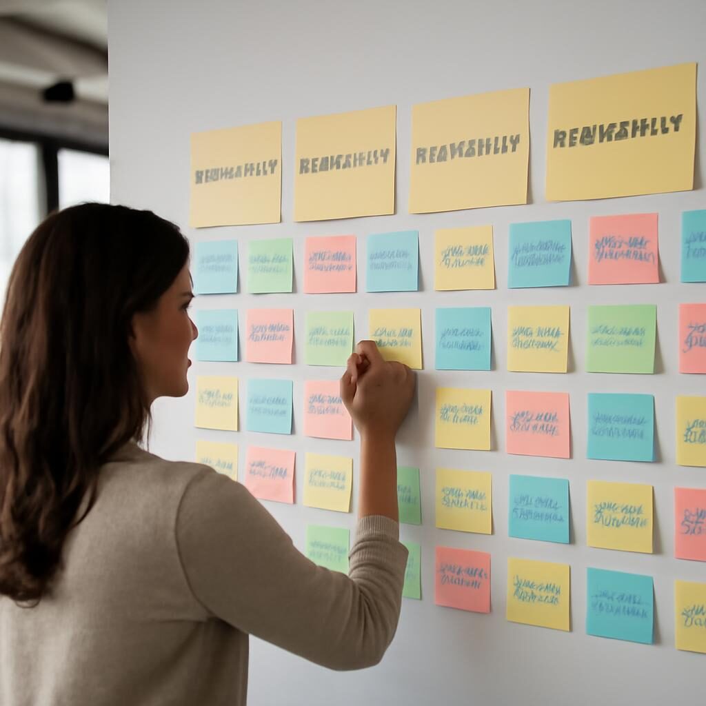Content strategist mappant les intentions de recherche sur un mur de post-it